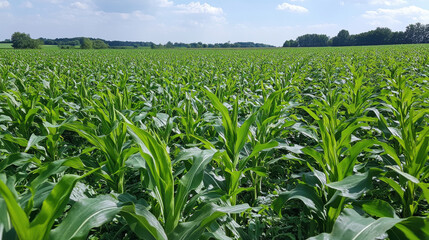 Naklejka premium Lush green cornfield under a bright sky, showcasing healthy crops and rural landscape