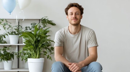 Fototapeta premium Man is sitting in front of a potted plant and a balloon. He is smiling and looking at the camera
