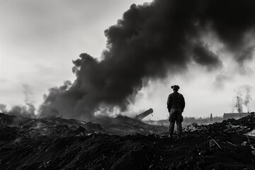 Hombre de pie en un paisaje devastado, con humo y destrucción en el fondo. Escena en blanco y negro que evoca desolación y conflicto.