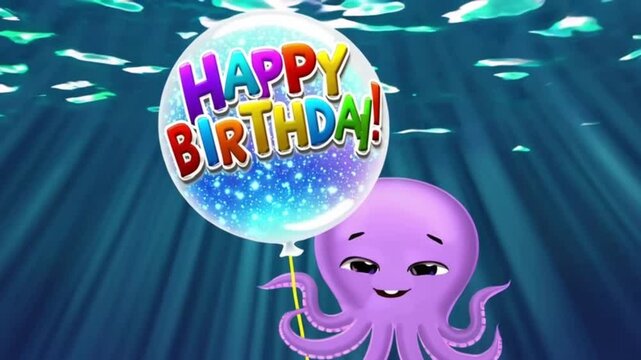 Cute octopus underwater holding a birthday balloon in one tentacle. The octopus blinks happily and moves