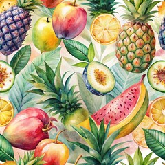 Watercolor Tropical Fruits Seamless Pattern. Vibrant Summer Design with Pineapples, Watermelon, and Citrus