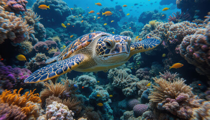 Obraz premium A sea turtle swimming among vibrant coral reefs and fish.