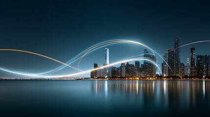 Obraz premium Nighttime Cityscape with Light Trails and Calm Water Reflection in Urban Environment