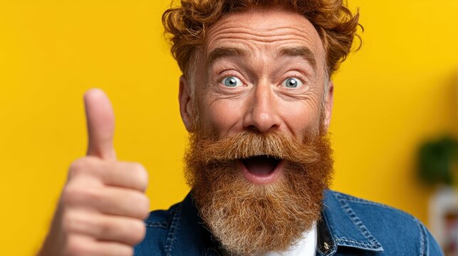The middle aged man with vibrant red hair and a well groomed beard appears elated as he flashes a warm smile, giving a thumbs up gesture with his hand raised in the air