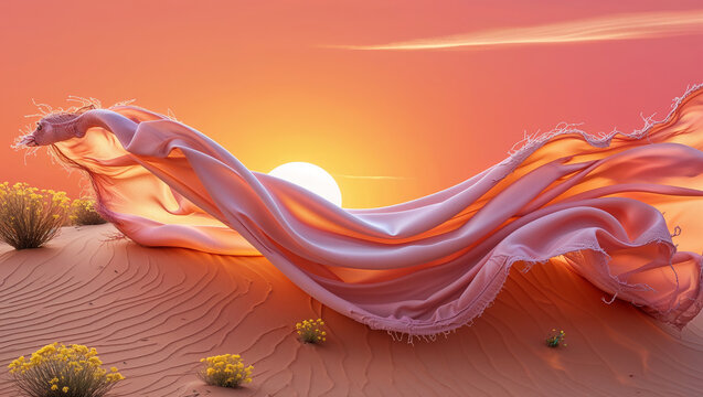 Pink silk fabric flowing over sand dunes at sunset - Powered by Adobe