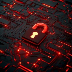 A lock symbol on a dark background with red lights a cybersecurity concept.