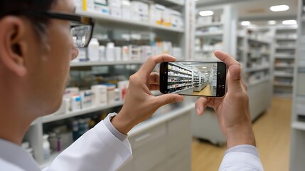 Pharmacist Taking Photo of Medication Aisle in Modern Pharmacy with Shelves Full of Products