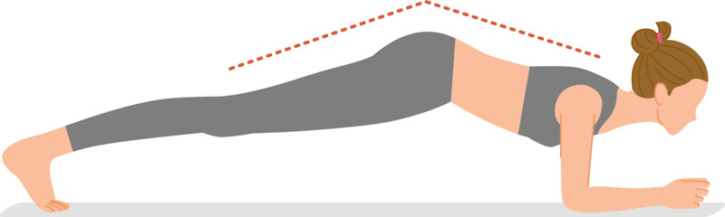 筋トレ：プランクをする若い女性（お尻が上がっている悪いフォーム）