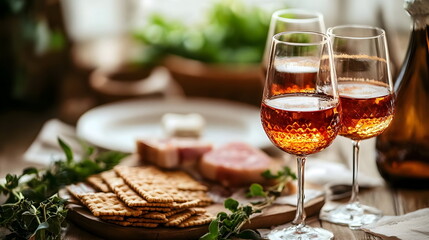 Naklejka premium Elegant Gathering Wine Glasses Crackers Cheese Embellished Table Charcuterie Delightful Experience