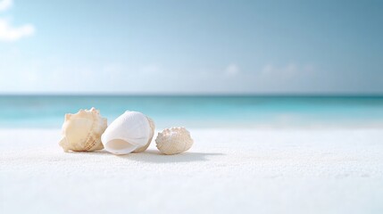 Seashells on Beach Sand Minimalist Style High-Resolution Photography Low Angle View Textured Shells Resting Peaceful Ocean Backdrop Serene White Tones Perfect for Travel Ads