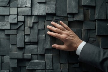 Businessman touching textured slate wall, showcasing modern design in a corporate office