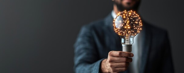 Half of virtual lightbulb and brain showing innovation lamp concept. A businessman holds a glowing light bulb symbolizing innovation.