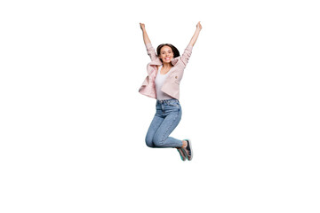 Full length body size view of her she nice-looking pretty lovely attractive cheerful cheery straight-haired lady having fun isolated over bright vivid shine blue green teal turquoise background