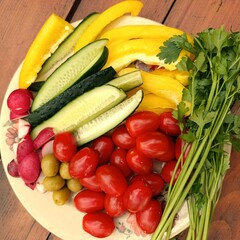 A plate of freshly cut vegetables, rich in vitamins and nutrients — a wholesome choice for a healthy, plant-based lifestyle.