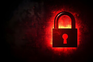 A lock symbol on a dark background with red lights a cybersecurity concept.