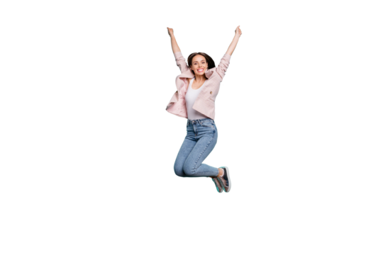 Full length body size view of her she nice-looking pretty lovely attractive cheerful cheery straight-haired lady having fun isolated over bright vivid shine blue green teal turquoise background - Powered by Adobe