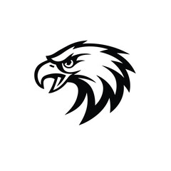Aggressive Black Silhouette of Eagle Head Vector with Sharp Beak and Stylized Feathers on White Background