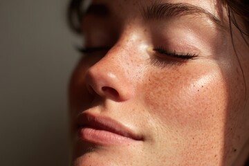 Close-up of woman smiling with eyes closed, soft light on face, minimal studio background, suitable for inner peace or self-care themes