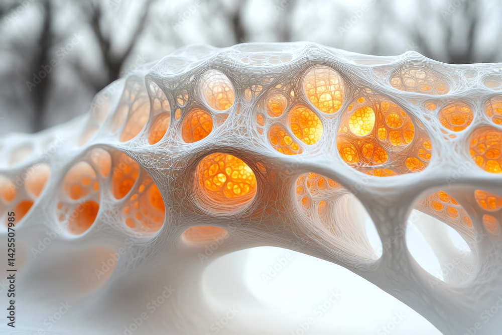 Poster A close-up view of a translucent structure showcasing unique cellular patterns and glowing orange highlights, emphasizing organic design.