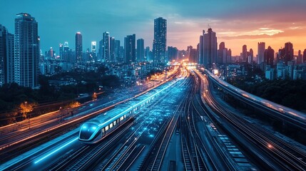 Fototapeta premium Futuristic Cityscape with High-Speed Train