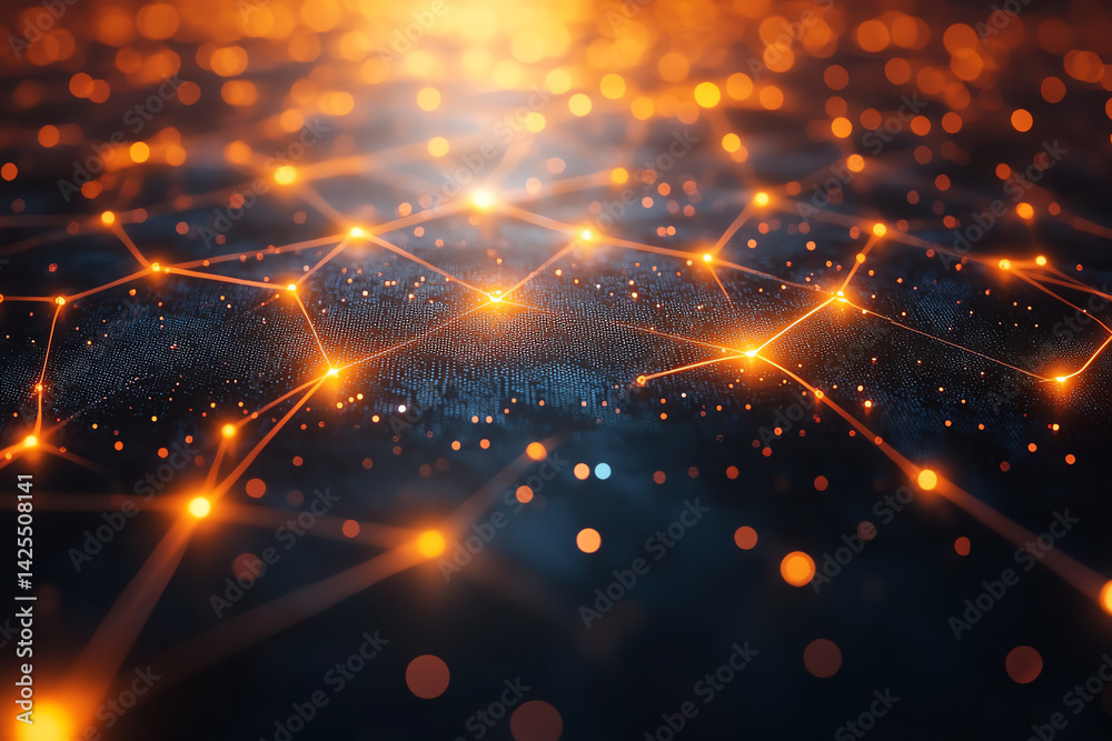 Poster A close-up view of a vibrant network of lights connecting in an abstract pattern, depicting digital innovation and connectivity.