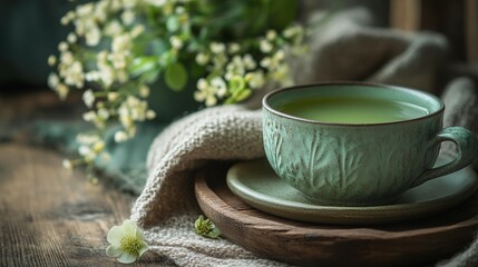 Calming green tea cup on rustic wooden tray close up photography
