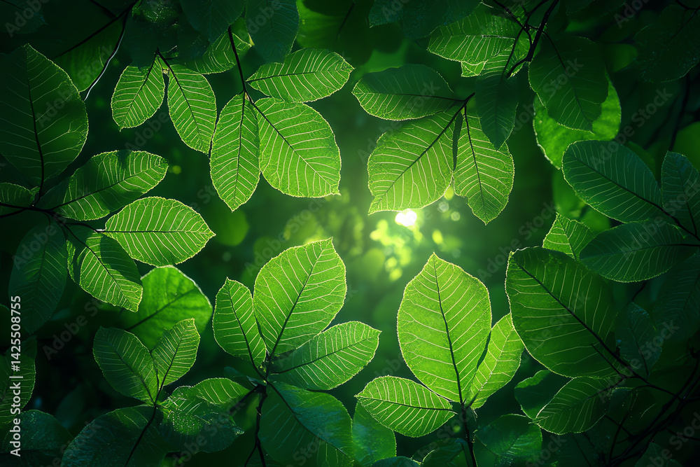 Poster a close-up view of vibrant green leaves interspersed with sunlight, creating a serene and fresh atmo