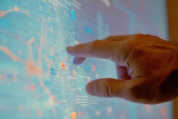 Close-up of a hand interacting with a digital interface displaying data and information