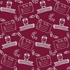 Seamless pattern with hand drawn doodle sticky notes with paper clip, pins, To-do list, analogue retro alarm clock with dial, clock face on a book.