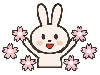 桜の花びらとバンザイをして嬉しそうなかわいいうさぎさんの上半身イラスト