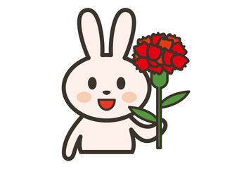 笑顔でカーネーションを持つかわいいうさぎさんの上半身イラスト