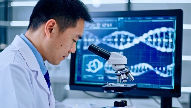 Asian medical scientist using microscope analyzing dna structure on computer in laboratory, developing new drugs and vaccines against viruses and diseases