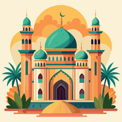 The vector illustration shows the Taj Mahal, a white marble mausoleum and iconic Islamic architecture landmark with domes and minarets in Agra, India, representing travel, tourism, and Indian culture