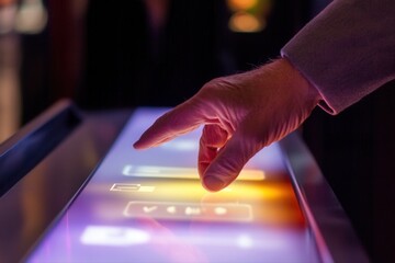 Close-up of a hand interacting with a vibrant touchscreen display in a modern setting