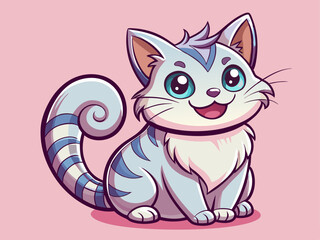 A professional vector of a smiling cartoon kitty sitting with its tail curled, drawn in soft pastel colors, on a solid light pink background