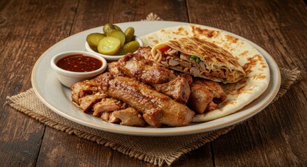 Shawarma Plate, showcasing an authentic Middle Eastern delight with marinated meat, fresh vegetables, and sauces, beautifully arranged on a rustic plate. 