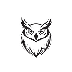 Black and White Owl Head Illustration on Plain Background