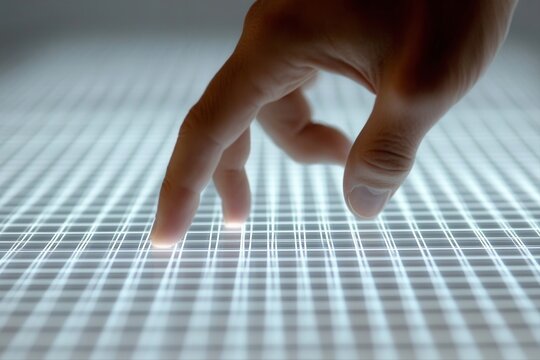 Close-up of a human hand gently touching a glowing grid surface, showcasing technology interaction