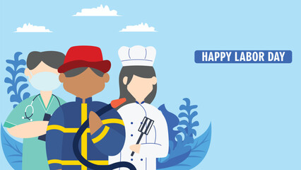 Labor day four people of different professions celebrate happily.