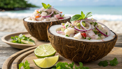 Traditional Polynesian Ika Mata Raw Fish Salad in Coconut Shell with Coconut Cream, Lime Juice, Fresh Herbs and Onion on Tropical Beach Background &ndash; Tuvalu Island Inspired Island Cuisine Food Photogra