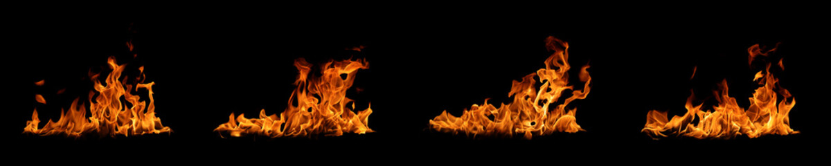 Abstract flames collection isolated on black background. Different burning effects. Flames in the night sky.