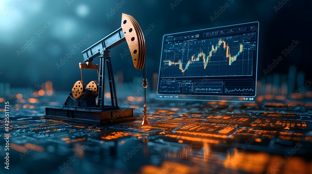 Poster an oil pump and financial data analytics dashboard displayed on a computer screen showing various da