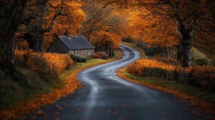 Autumnal Winding Road to Cottage