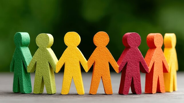 A vibrant display of rainbow colored paper human figures standing in a circle, holding hands symbolizing unity and inclusion, set against a lush and colorful nature background.