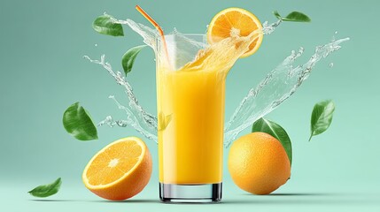 Glass of orange juice with a straw in it and a slice of orange on the side. The orange juice is splashing out of the glass, creating a fun and playful atmosphere