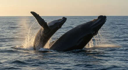 Fototapeta premium Humpback whale calf breaching alongside its mother in open ocean spectacle