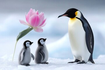 Obraz premium Emperor penguins standing in a group with their young on the ice of Antarctica, a realistic photo shoot using natural light and high-resolution photography. 