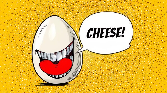 A cartoon egg with a big mouth smiling and shouting &ldquo;cheese&rdquo; on a bright yellow pop art background. 4K video