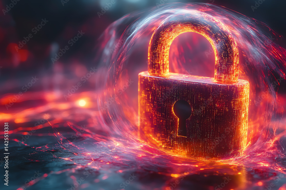 Poster a glowing, digital padlock symbolizes cybersecurity and data protection amidst a fiery backdrop, rep