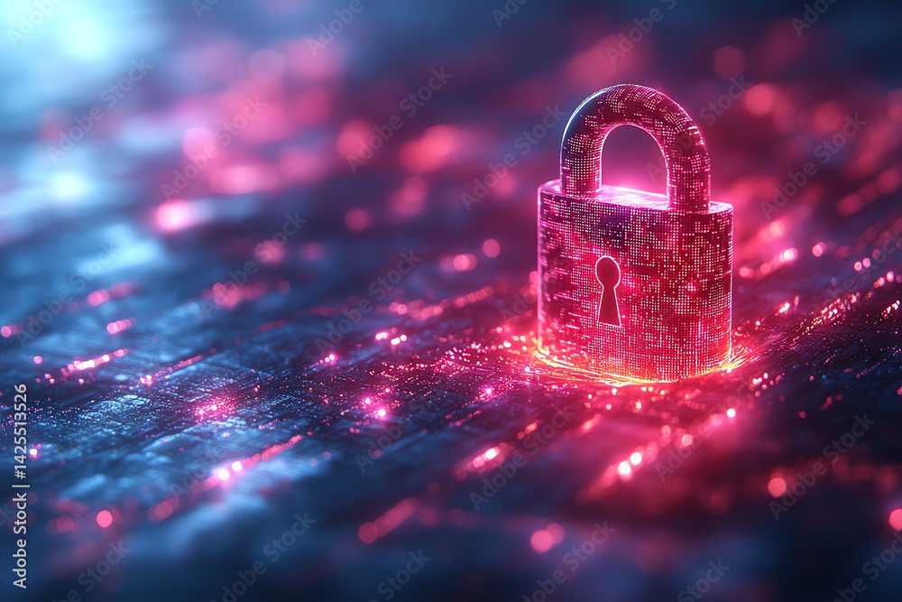 Poster a glowing digital padlock representing internet security and data protection in a futuristic environ